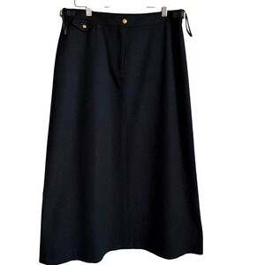 Lauren Ralph‎ Lauren Soft Black Wool Midi Skirt Gold Crest Buttons leather strap